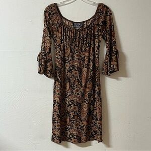 Vintage 90s City Triangles Womens Brown Babydoll Bell Sleeve Paisley Dress Y2K